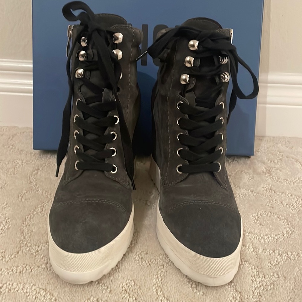 Grey Suede booties, laces w/side zippers